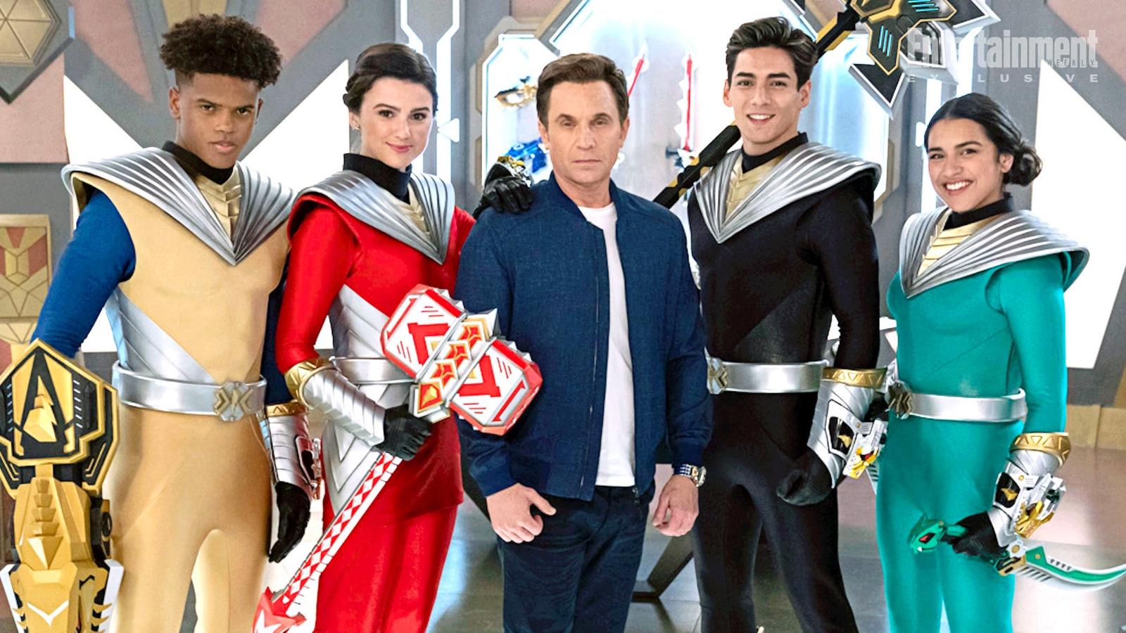 David Yost alongside Cosmic Fury cast in their Ranger suits