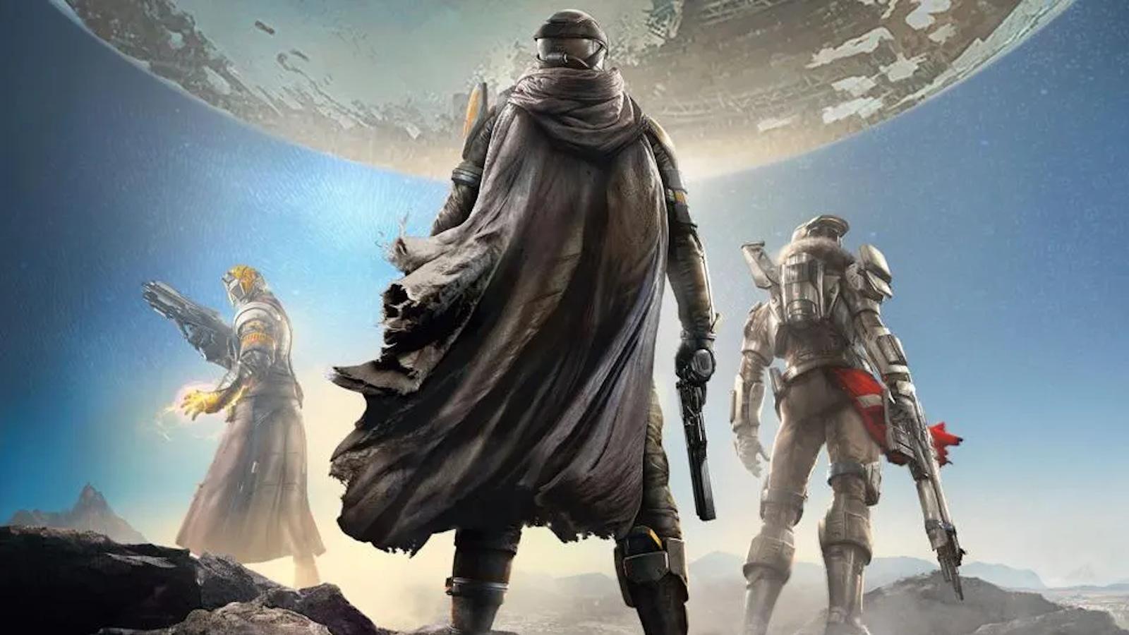Destiny 1 promotional art of Hunter, Titan, and Warlock in front of Moon.