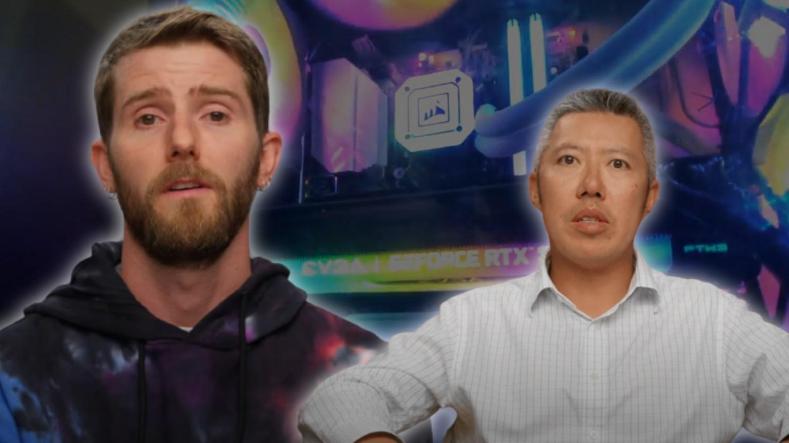 Linus Sebastian and Terren Tong on a faded background of a GPU