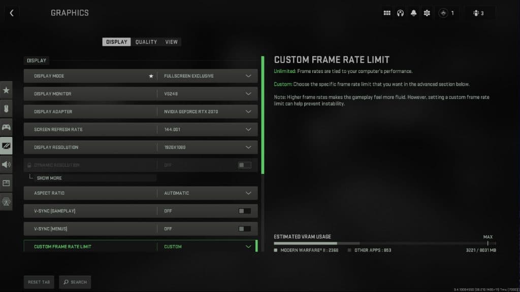 An image of Modern Warfare 2 display settings that players can adjust to get the best settings possible.