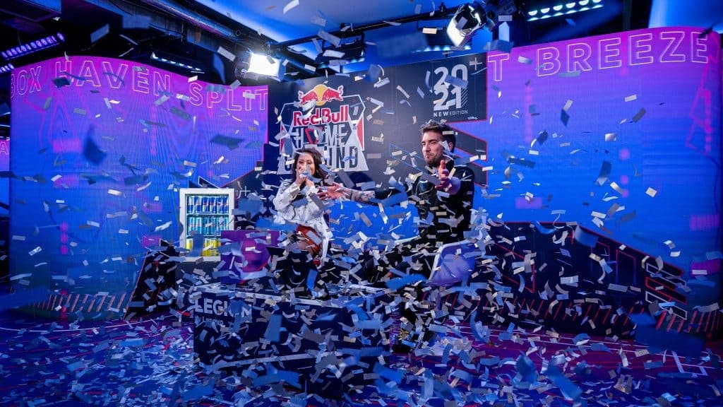 The Red Bull Home Ground tournament winning shot of the analyst desk with confetti rolling down