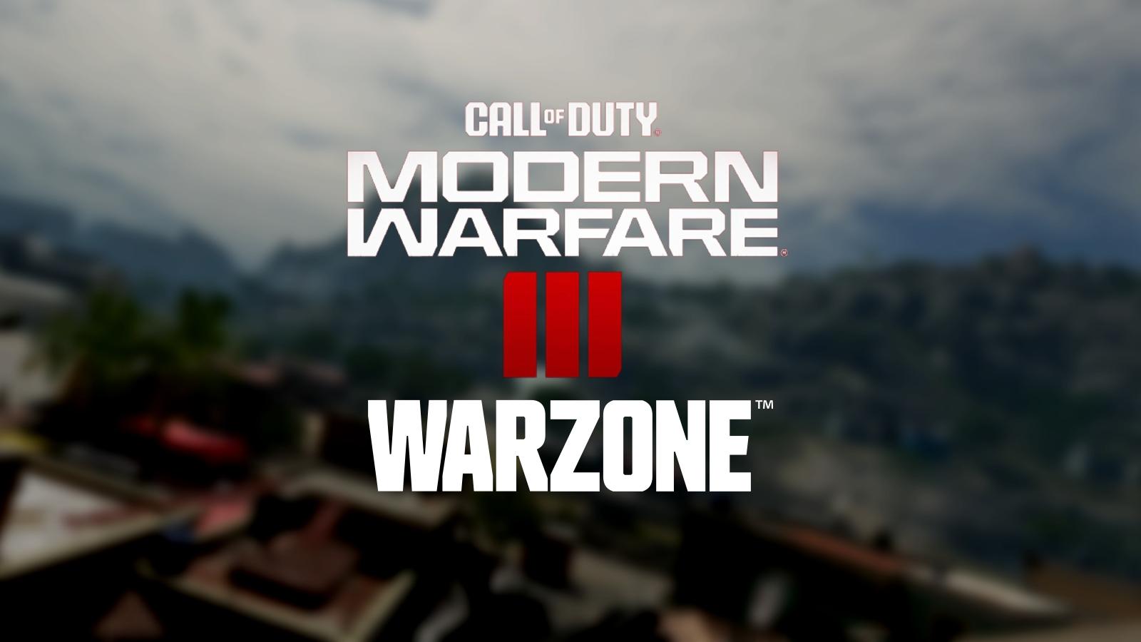 modern warfare 3 logo with new warzone logo on top of blurred image of mercado las almas